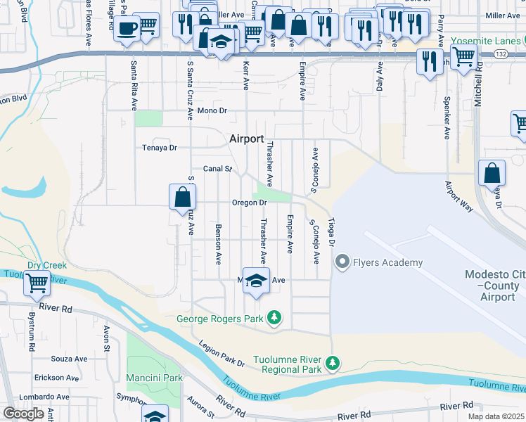 map of restaurants, bars, coffee shops, grocery stores, and more near 607 Thrasher Avenue in Modesto