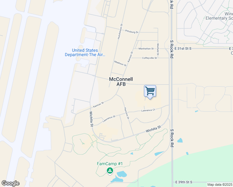 map of restaurants, bars, coffee shops, grocery stores, and more near Kansas Street in McConnell Air Force Base