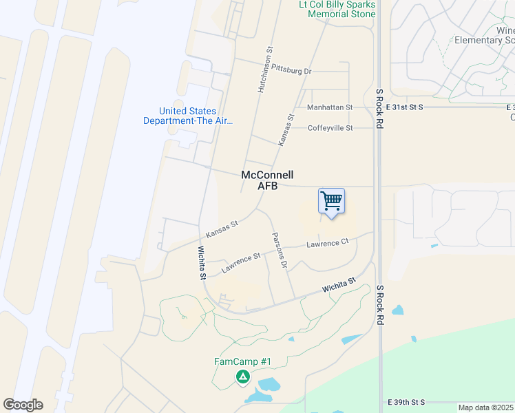 map of restaurants, bars, coffee shops, grocery stores, and more near Kansas Street in McConnell Air Force Base