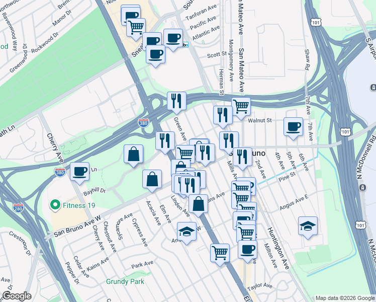 map of restaurants, bars, coffee shops, grocery stores, and more near 871 Green Avenue in San Bruno