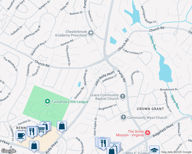 map of restaurants, bars, coffee shops, grocery stores, and more near 2608 Shire Walk Lane in Henrico