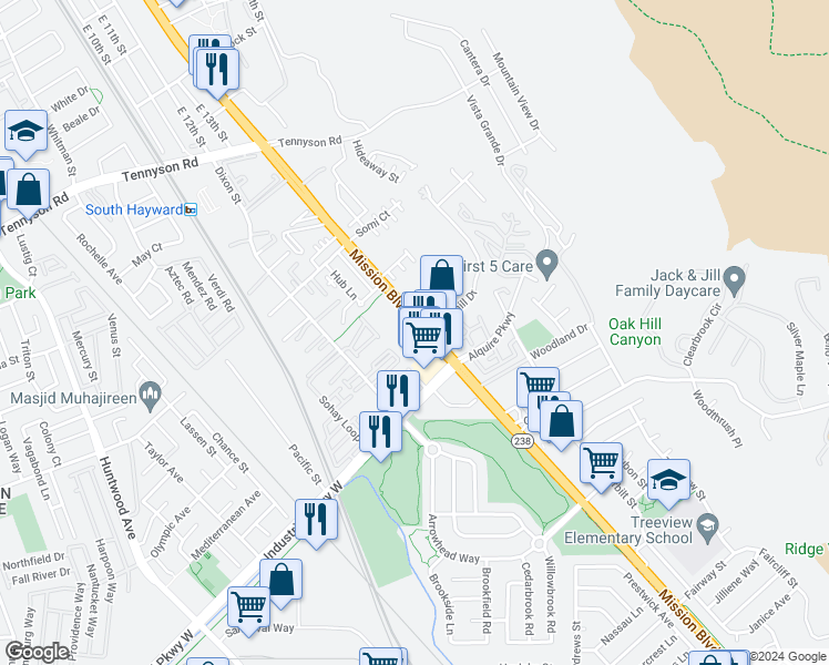 map of restaurants, bars, coffee shops, grocery stores, and more near 29503 Mission Boulevard in Hayward