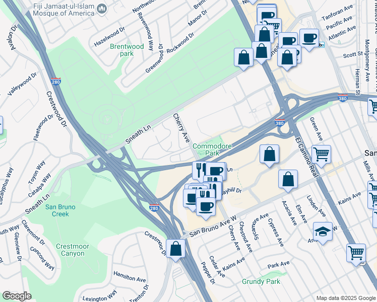map of restaurants, bars, coffee shops, grocery stores, and more near 1031 Cherry Avenue in San Bruno