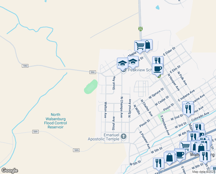 map of restaurants, bars, coffee shops, grocery stores, and more near 616 North Welton Avenue in Walsenburg