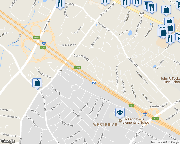 map of restaurants, bars, coffee shops, grocery stores, and more near 3018 Montfort Loop in Richmond