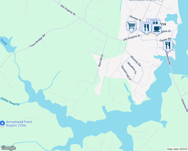 map of restaurants, bars, coffee shops, grocery stores, and more near 396 Red Hill Drive in Urbanna