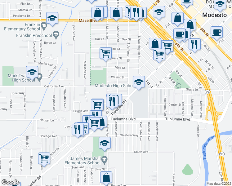 map of restaurants, bars, coffee shops, grocery stores, and more near 302 Ruberto Street in Modesto