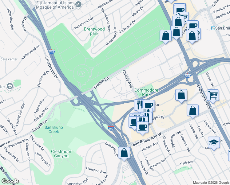 map of restaurants, bars, coffee shops, grocery stores, and more near 404 Boardwalk Drive in San Bruno