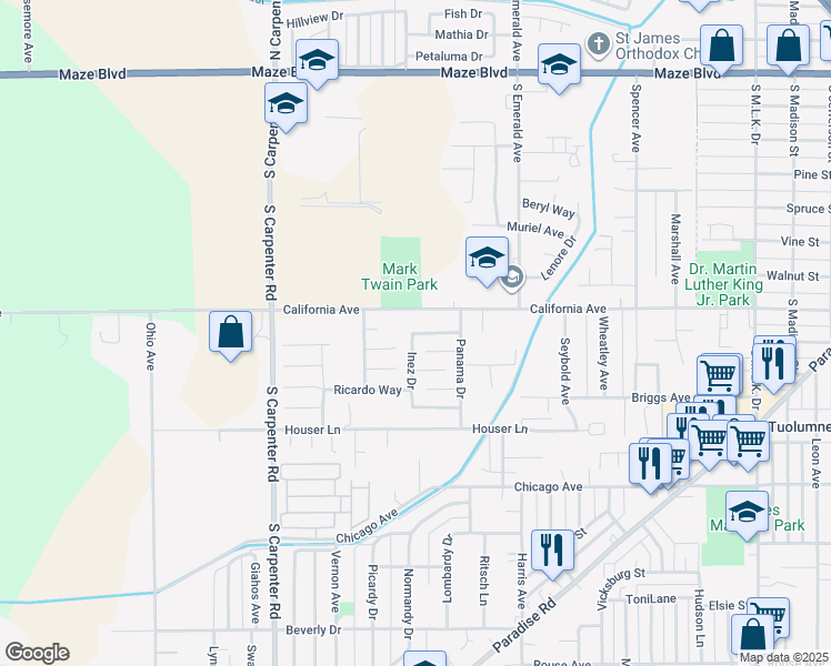 map of restaurants, bars, coffee shops, grocery stores, and more near 1137 Ione Way in Modesto
