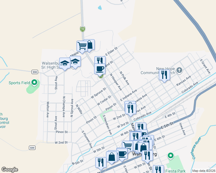 map of restaurants, bars, coffee shops, grocery stores, and more near 100 West Spruce Street in Walsenburg