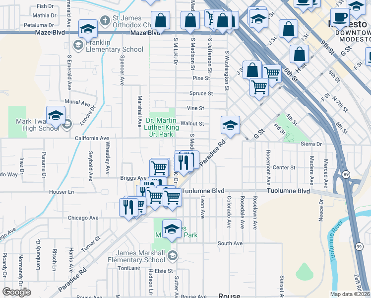 map of restaurants, bars, coffee shops, grocery stores, and more near 308 Ruberto Street in Modesto