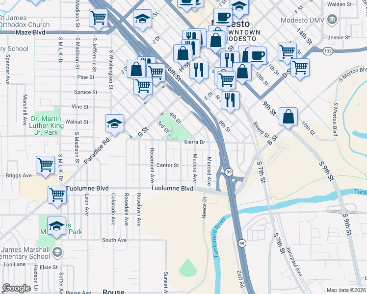 map of restaurants, bars, coffee shops, grocery stores, and more near 118 Madera Avenue in Modesto