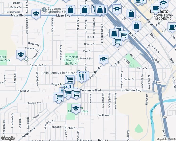 map of restaurants, bars, coffee shops, grocery stores, and more near 210 Ruberto Street in Modesto