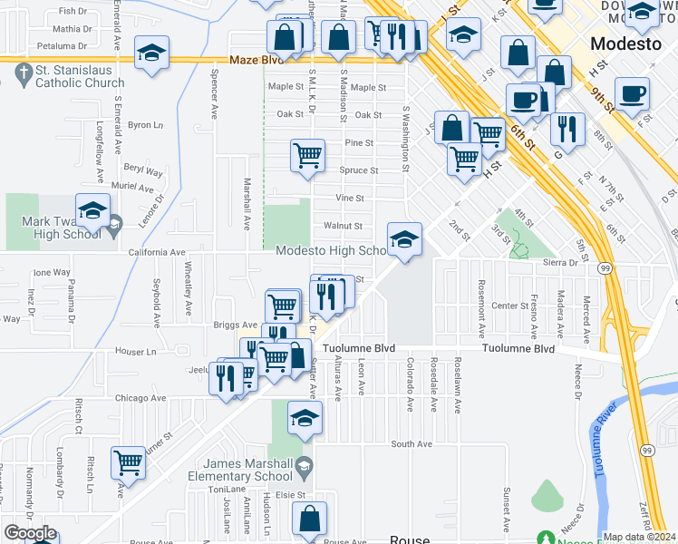 map of restaurants, bars, coffee shops, grocery stores, and more near 308 Ruberto Street in Modesto