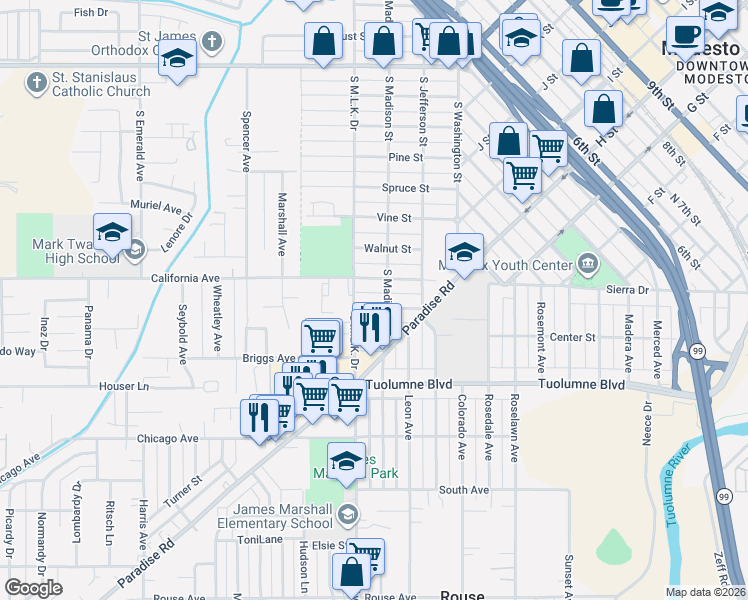 map of restaurants, bars, coffee shops, grocery stores, and more near 308 Ruberto Street in Modesto