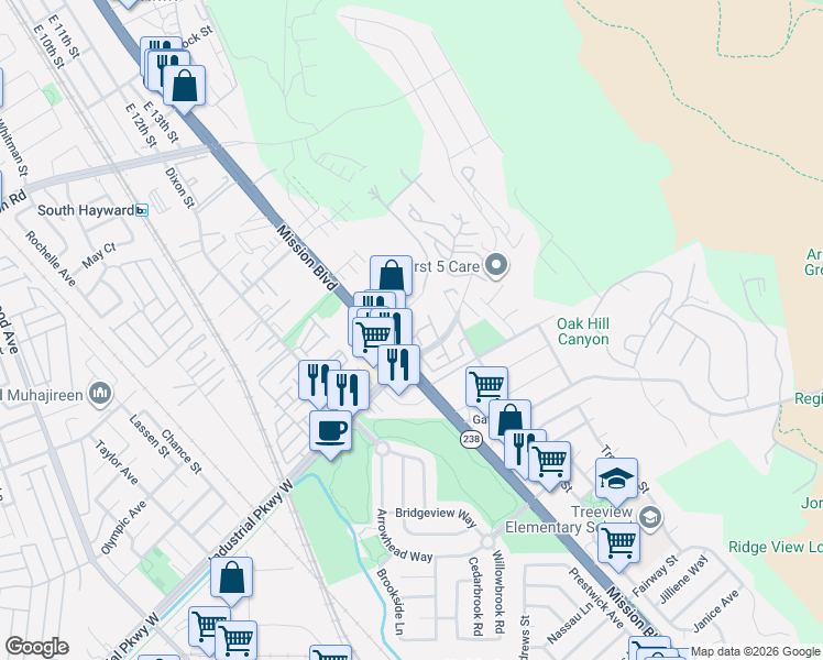 map of restaurants, bars, coffee shops, grocery stores, and more near 29629 Mountain Oak Court in Hayward