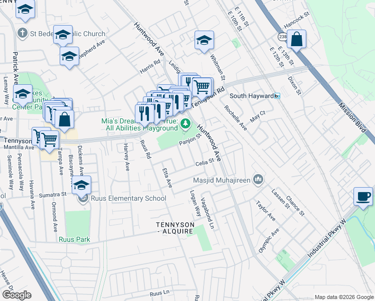 map of restaurants, bars, coffee shops, grocery stores, and more near 28466 Coleridge Avenue in Hayward