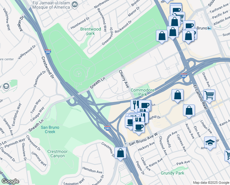 map of restaurants, bars, coffee shops, grocery stores, and more near 404 Boardwalk Drive in San Bruno