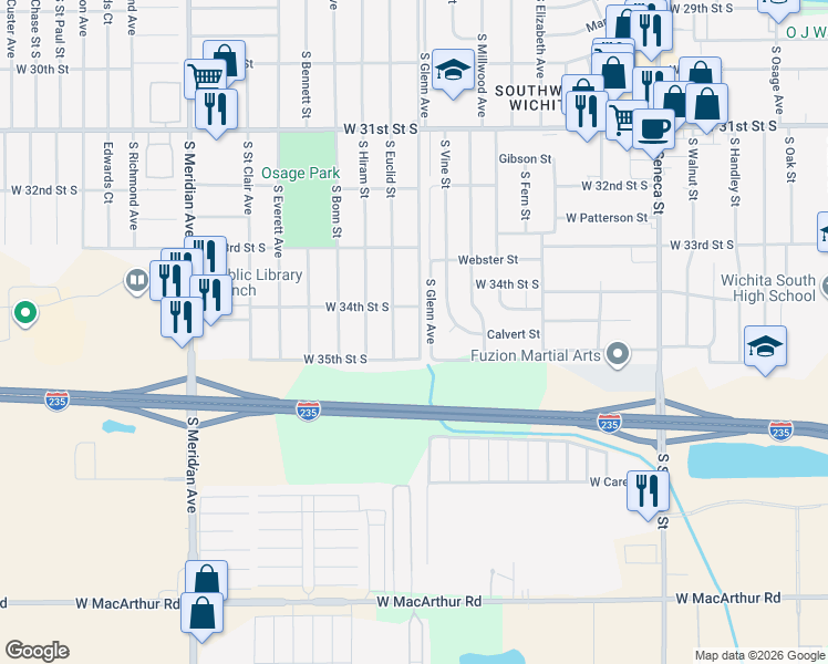 map of restaurants, bars, coffee shops, grocery stores, and more near 3529 South Glenn Avenue in Wichita