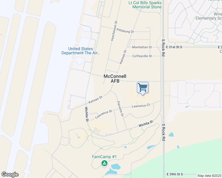 map of restaurants, bars, coffee shops, grocery stores, and more near Kansas Street in McConnell Air Force Base