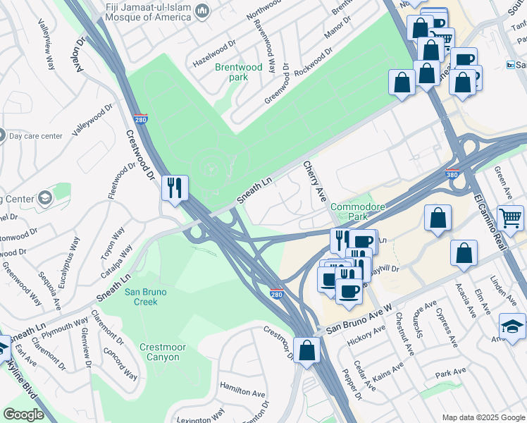 map of restaurants, bars, coffee shops, grocery stores, and more near 413 Piccadilly Place in San Bruno
