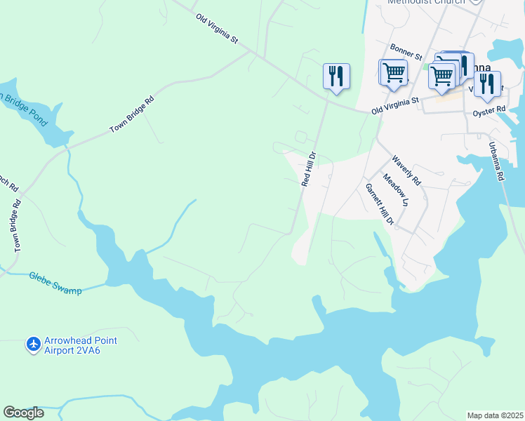 map of restaurants, bars, coffee shops, grocery stores, and more near 480 Red Hill Drive in Urbanna