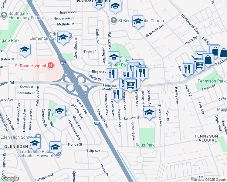 map of restaurants, bars, coffee shops, grocery stores, and more near 27628 Pensacola Way in Hayward