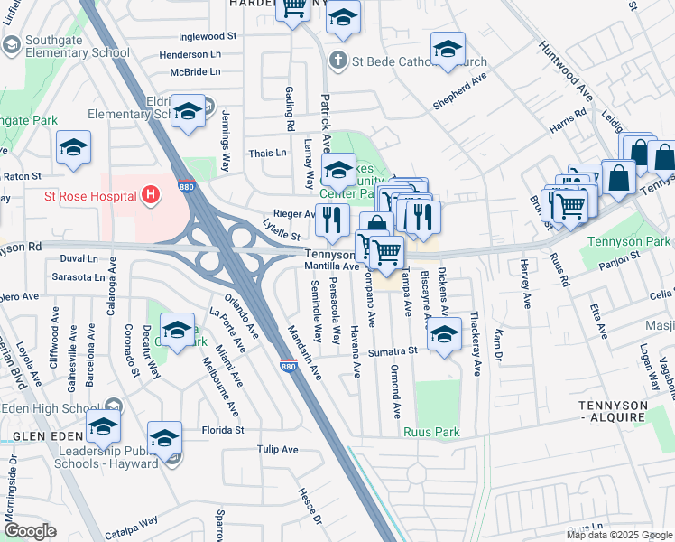 map of restaurants, bars, coffee shops, grocery stores, and more near 27628 Pensacola Way in Hayward
