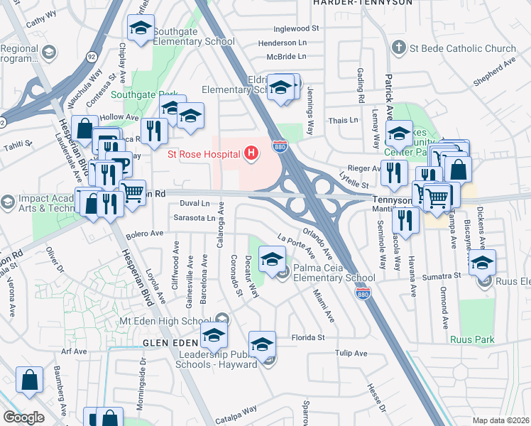 map of restaurants, bars, coffee shops, grocery stores, and more near 27541 Orlando Avenue in Hayward
