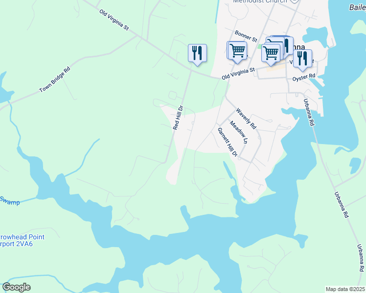 map of restaurants, bars, coffee shops, grocery stores, and more near 246 Laurel Farms Lane in Urbanna