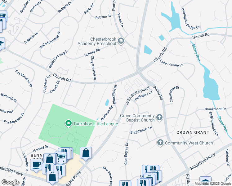 map of restaurants, bars, coffee shops, grocery stores, and more near 11925 Blandfield Street in Richmond