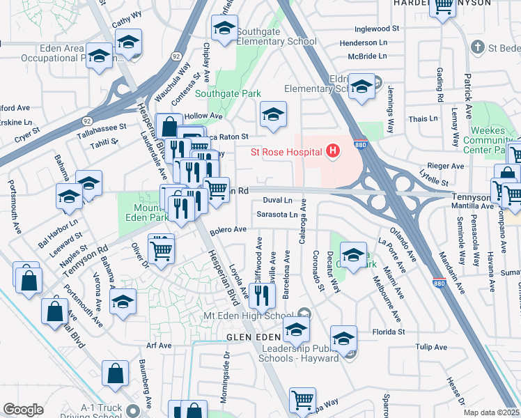 map of restaurants, bars, coffee shops, grocery stores, and more near 2083 Sarasota Lane in Hayward