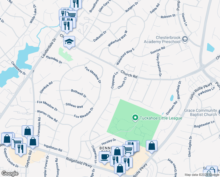 map of restaurants, bars, coffee shops, grocery stores, and more near 12906 Copperas Lane in Henrico