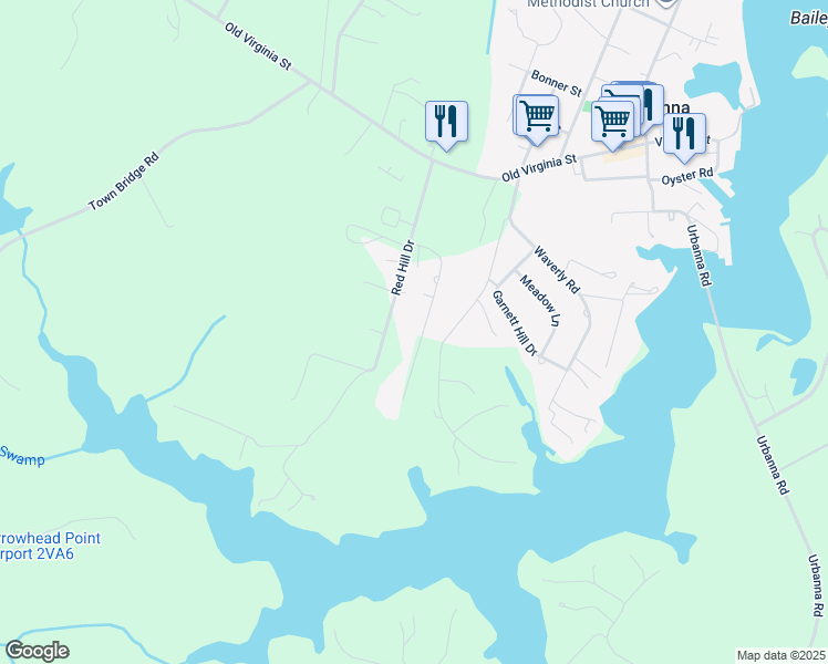 map of restaurants, bars, coffee shops, grocery stores, and more near 246 Laurel Farms Lane in Urbanna