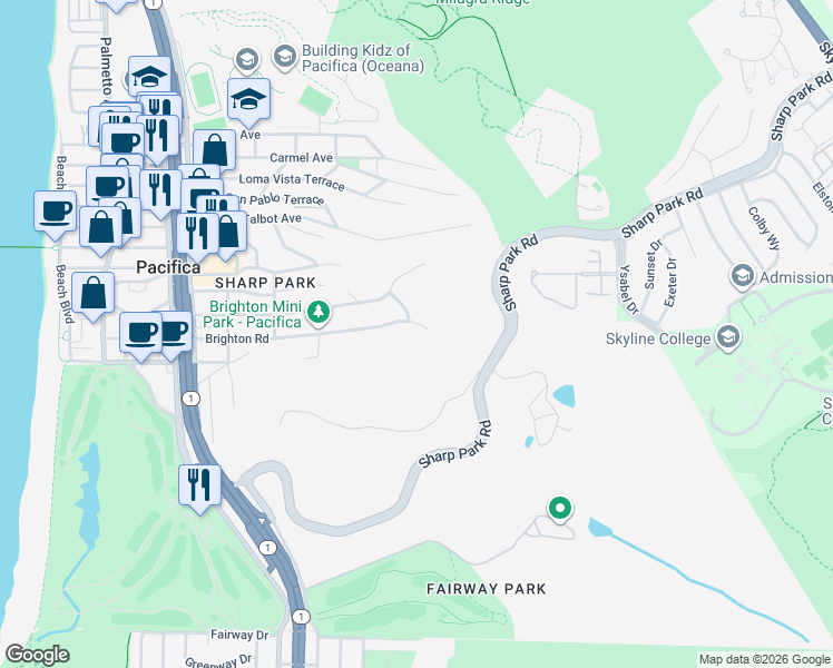 map of restaurants, bars, coffee shops, grocery stores, and more near 652 Brighton Road in Pacifica