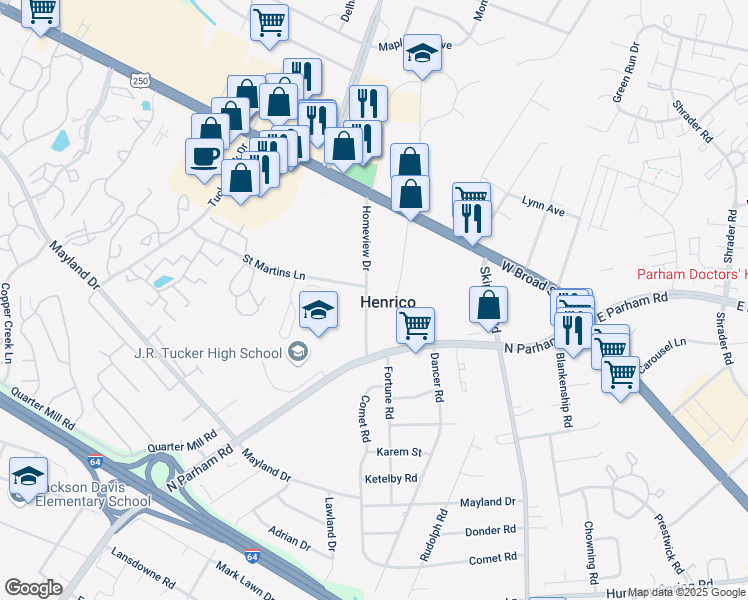 map of restaurants, bars, coffee shops, grocery stores, and more near 2313 Homeview Drive in Richmond