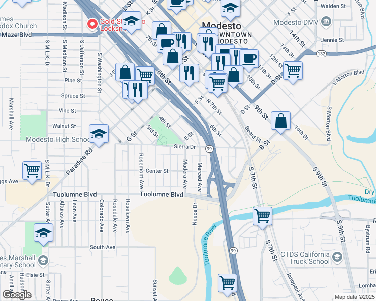 map of restaurants, bars, coffee shops, grocery stores, and more near 107 Madera Avenue in Modesto