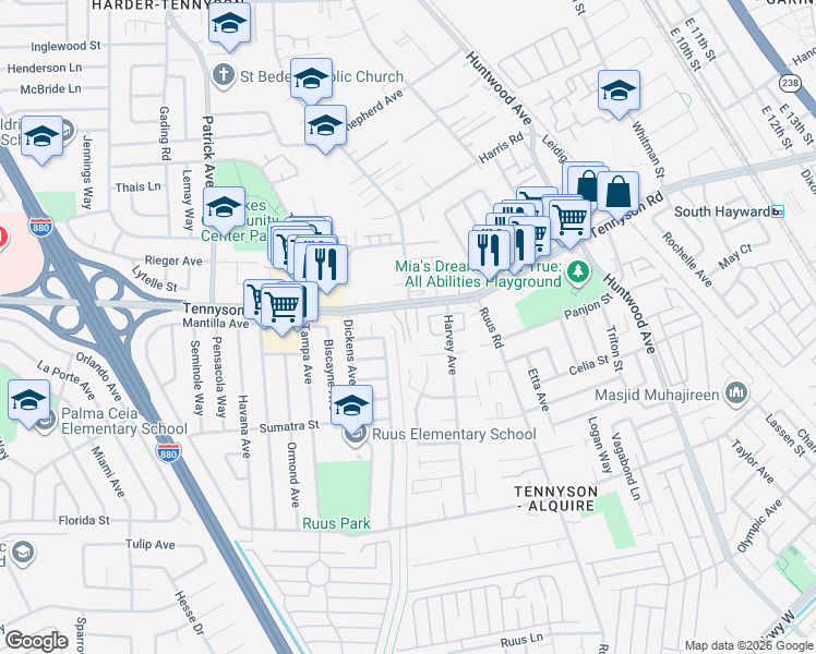 map of restaurants, bars, coffee shops, grocery stores, and more near 918 West Tennyson Road in Hayward