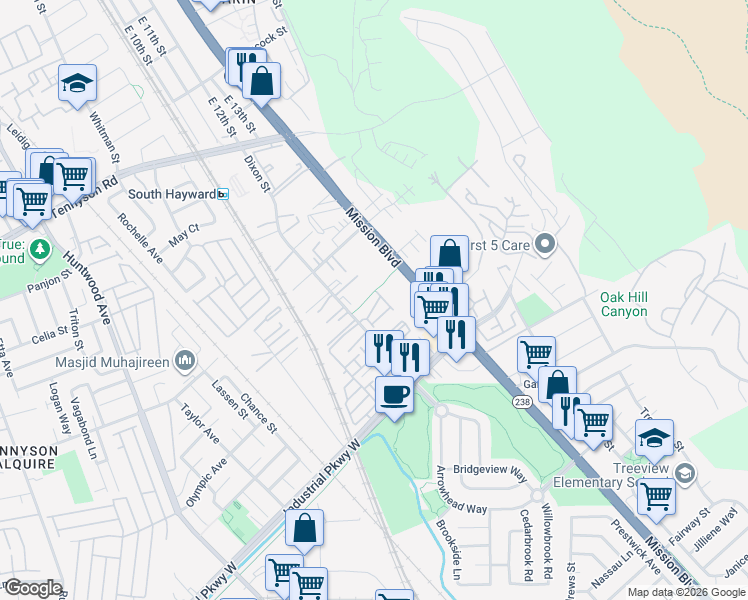 map of restaurants, bars, coffee shops, grocery stores, and more near 385 Line Street in Hayward