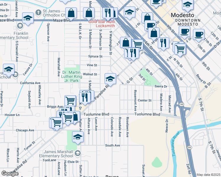 map of restaurants, bars, coffee shops, grocery stores, and more near 18 H Street in Modesto