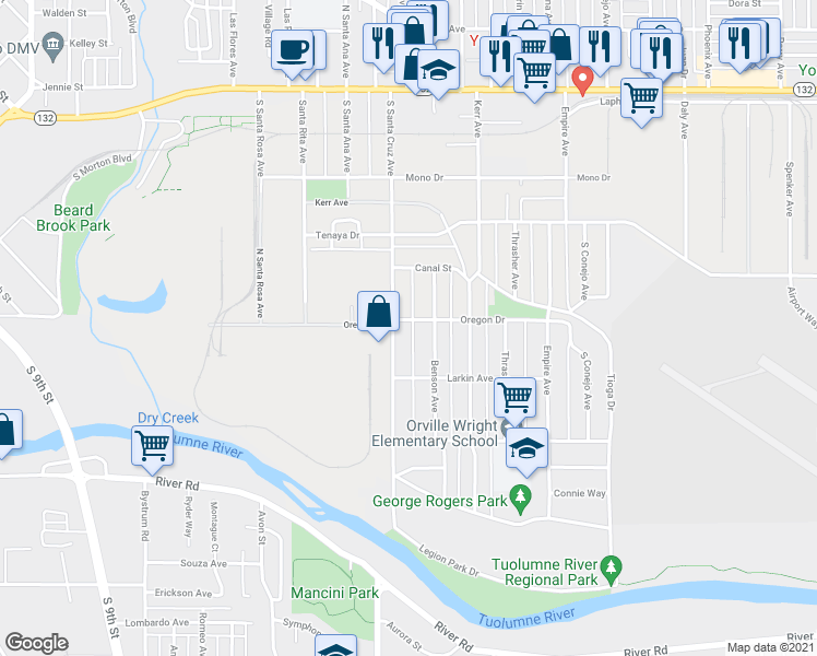 map of restaurants, bars, coffee shops, grocery stores, and more near 1316 Oregon Drive in Modesto