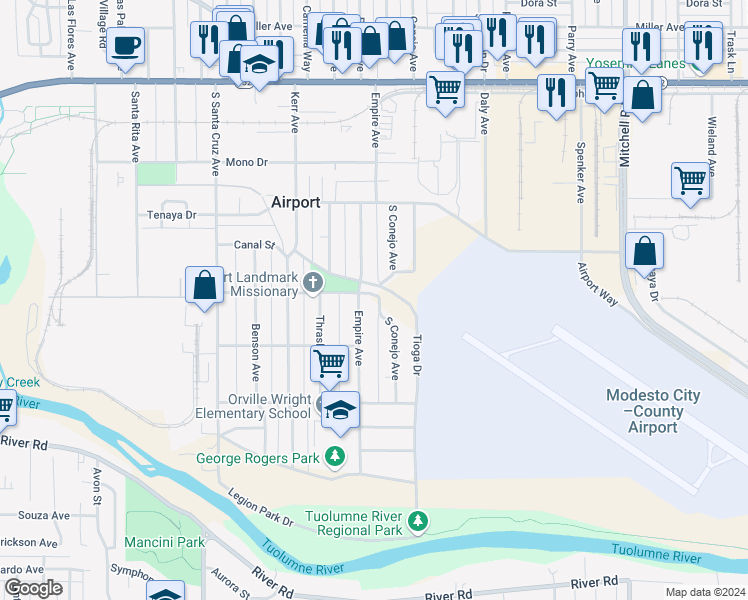 map of restaurants, bars, coffee shops, grocery stores, and more near 1706 Oregon Drive in Modesto