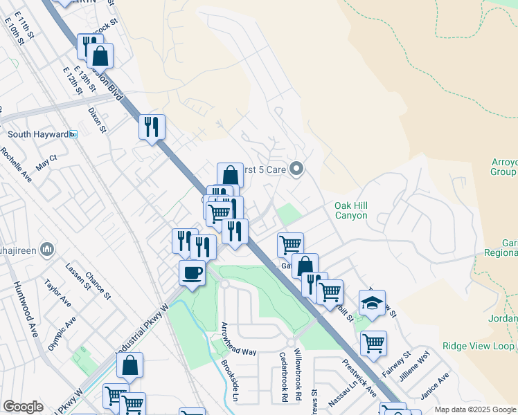 map of restaurants, bars, coffee shops, grocery stores, and more near 29629 Mountain Oak Court in Hayward