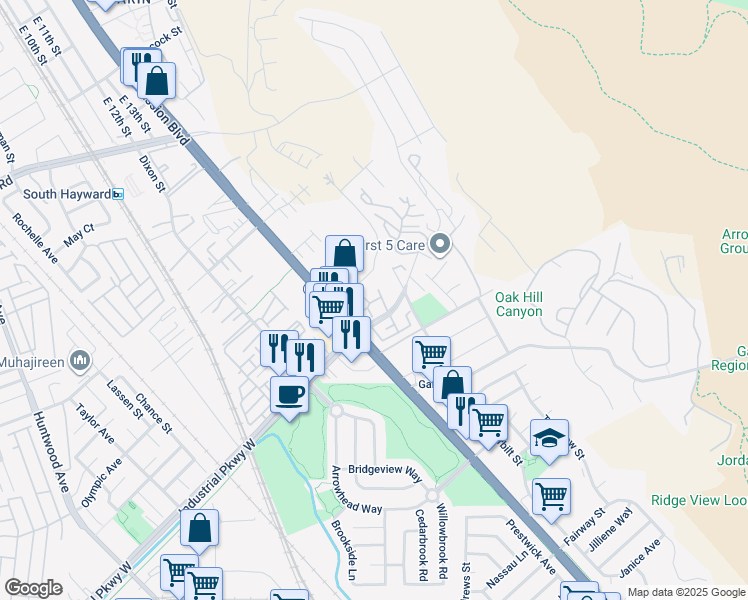 map of restaurants, bars, coffee shops, grocery stores, and more near 29629 Mountain Oak Court in Hayward