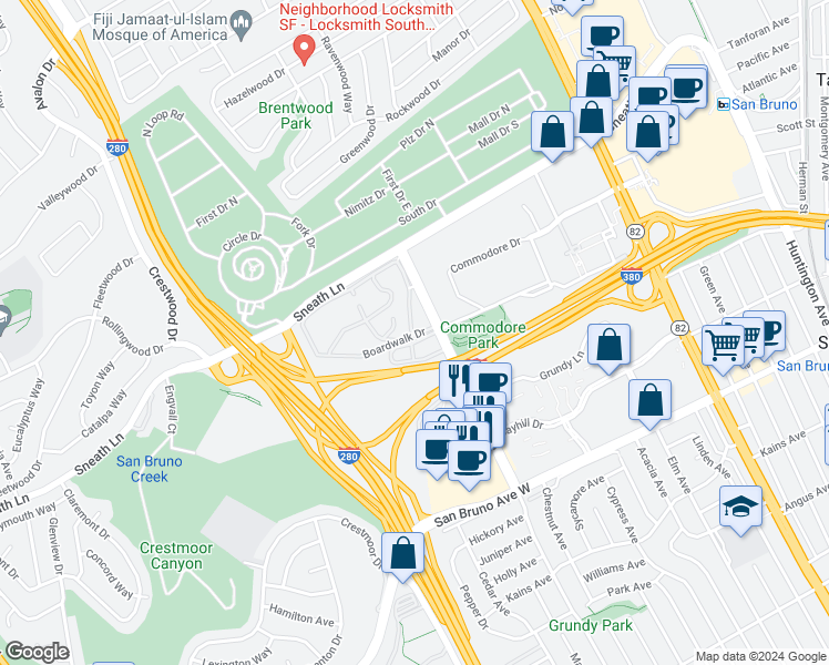 map of restaurants, bars, coffee shops, grocery stores, and more near 104 Boardwalk Place in San Bruno