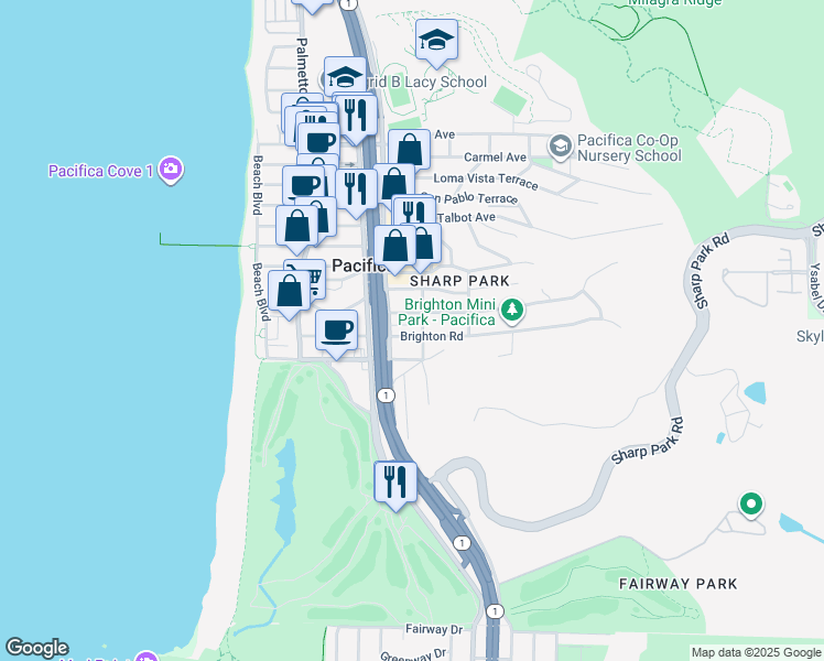 map of restaurants, bars, coffee shops, grocery stores, and more near 258 Brighton Road in Pacifica