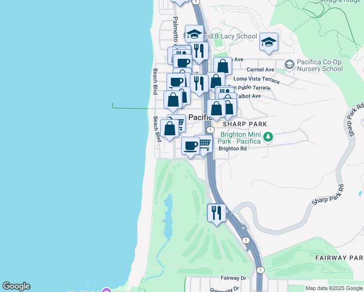map of restaurants, bars, coffee shops, grocery stores, and more near 112 Brighton Road in Pacifica