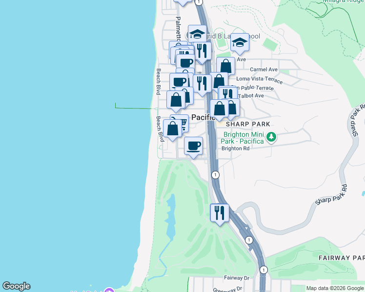 map of restaurants, bars, coffee shops, grocery stores, and more near 112 Brighton Road in Pacifica
