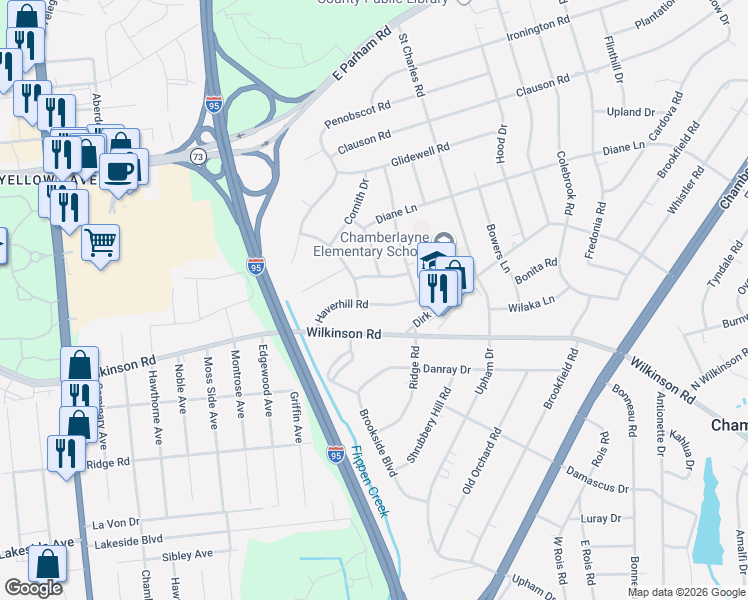 map of restaurants, bars, coffee shops, grocery stores, and more near 1109 Haverhill Road in Richmond