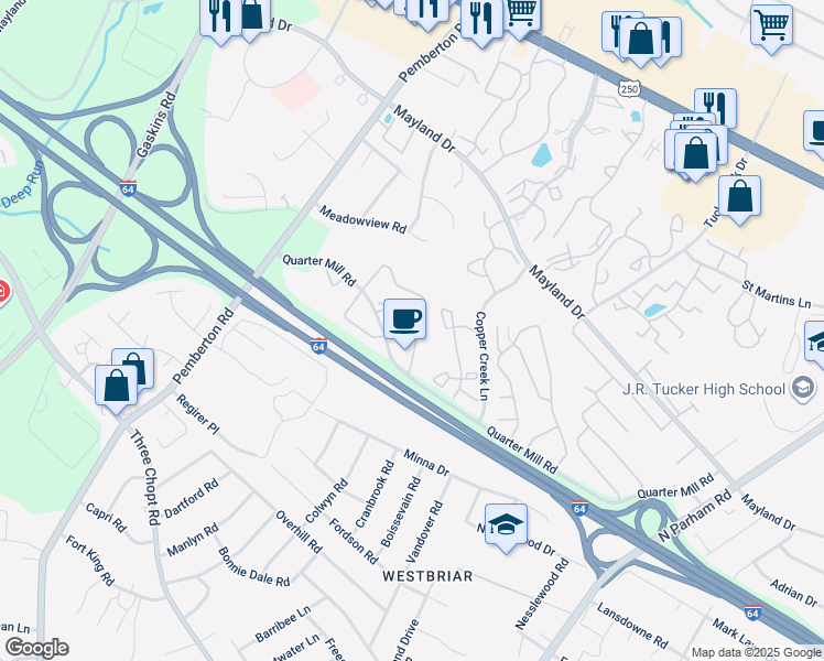 map of restaurants, bars, coffee shops, grocery stores, and more near 2832 Queensland Drive in Richmond